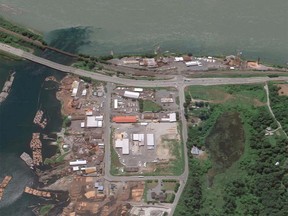 An aerial view of the area near 288th and Lougheed where the Stave River empties into the Fraser.