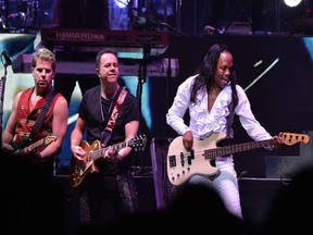 Verdine White, right, performs during the Heart and Soul Tour featuring Chicago and Earth Wind and Fire at Madison Square Garden on April 18, 2016, in New York City.