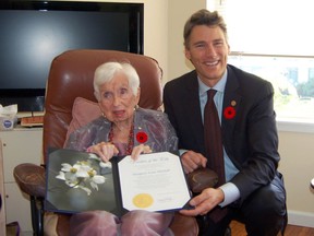 Margaret Mitchell with Vancouver Mayor Gregor Robertson on Tuesday.