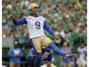 Winnipeg Blue Bombers kicker Justin Medlock kicks a field goal during first half CFL action against the Saskatchewan Roughriders in Regina on Sunday, September 4, 2016.