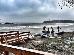 Members of the High Fives Foundation use Tofino's new accessible ramp at Mackenzie Beach.