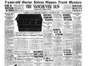 Nov. 26, 1928. Front page of the Vancouver Sun with a story about a body that had been chopped up and stuffed inside a trunk.