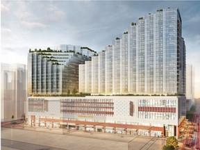 Nov. 3, 2016. Architectural rendering of a proposal to redevelop the old Vancouver post office at 349 West Georgia with three glass towers. This view looks west from Georgia, showing the east side facing the Queen Elizabeth Theatre. Design by Musson Cattell Mackey Partnership.