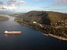 An oil tanker prepares to berth at the Westridge Marine Terminal in Burnaby.