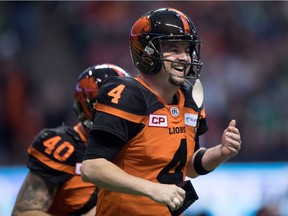 B.C. Lions' Paul McCallum celebrates a field goal against the Saskatchewan Roughriders during the first half of a CFL football game in Vancouver, B.C., on Saturday November 5, 2016.