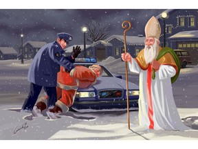 Europeans have protested the cultural invasion of the American creation, roly-poly Santa Claus, preferring the more dignified and sacred tradition associated with St. Nicholas. This illustration, courtesy of Polish artist Lukas Ciaciuch, shows police arresting Santa Claus, with St. Nicholas receiving an approving wave from the officer.