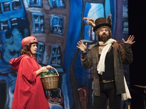 Rachel Aberle as Little Red Riding Hood, Andrew McNee as the Big Bad Wolf in East Van Panto: Little Red Riding Hood.