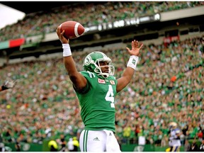 Saskatchewan Roughriders quarterback Darian Durant celebrates a touchdown during Labour Day CFL action against the Winnipeg Blue Bombers in Regina on Sunday, September 4, 2016.