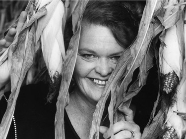 Janet Wright in a 1991 photo with the caption: "Hiding in the husks: corny but true, Janet Wright is back feeling much younger and happier."