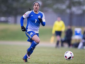 UBC Thunderbirds' fourth-year defender Aman Shergill potted a natural hat trick Saturday in Edmonton to lead her team to the Canada West conference championship tournament. Don Voaklander photo