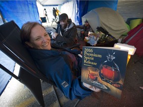 Traci Monchamp took time off work to camp outside the B.C. Liquor Store on Cambie Street, awaiting the annual premium spirits release day on Saturday. She knows she likely won't get hold of a much-sought-after 23-year-old Pappy Van Winkle, but will be happy with a 15- or 20-year-old bottle.