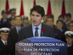Prime Minister Justin Trudeau spoke inside of HMCS Discovery hall this afternoon unveiling the government's $1.5-billion ocean protection plan in Vancouver today for responses to tanker and fuel spills in the Pacific, Atlantic and Arctic oceans.