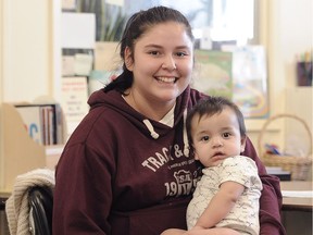 Rena Nadeau, with her nine-month-old Kaesen, is on her way to high school graduation in the Tupper Young Parents program.