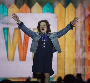 Margaret Trudeau speaks at We Day celebrations at Rogers Arena on Thursday. She spoke of her life as first the wife, then the mother of a prime minister. She also spoke about her 50 years with bipolar disorder, urging young people who are feeling depressed or think that their brains are not working properly to tell their families and to seek medical help.