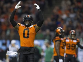 B.C.'s Loucheiz Purifoy tries to amp up the crowd against the Saskatchewan Roughriders on Saturday night at B.C. Place.