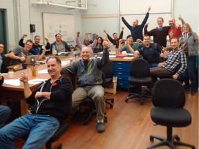 Vancouver Secondary Technology Education teachers celebrate their union's Supreme Court of Canada victory early Thursday morning.