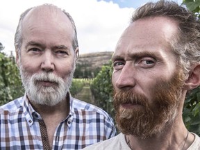 Artist Douglas Coupland and Van Gogh lookalike Daniel Baker together in the Pinot Noir vineyard at Martin’s Lane Winery in the Okanagan Valley, British Columbia.