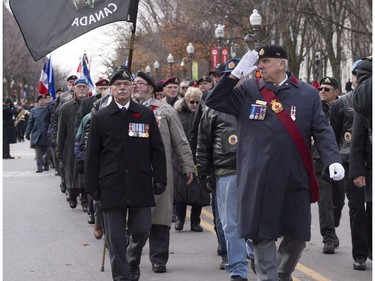 Veterans parade during a Remembrance Day ceremony in Quebec City Friday, November 11, 2016.