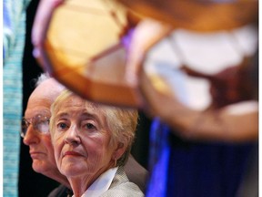 Maude Barlow, voluntary chairwoman of the Council of Canadians listens to a drum song before her speech on Canada's water crisis on Nov. 1.