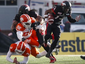 The Lions' Richie Leone, bottom left, and Solomon Elimimian let the Stampeders' Roy Finch, right, get away.