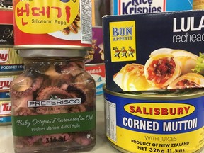 Some of the more exotic, and pretty useless, canned goods donated to the Calgary food bank.