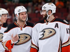GLENDALE, AZ - MARCH 03:  Kevin Bieksa #2 and Ryan Kesler #17 of the Anaheim Ducks talk during a break from the NHL game against the Arizona Coyotes at Gila River Arena on March 3, 2016 in Glendale, Arizona.