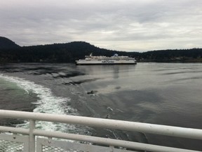 Spirit of British Columbia in Active Pass, as seen from sister ship Spirit of Vancouver Island. March 2016.