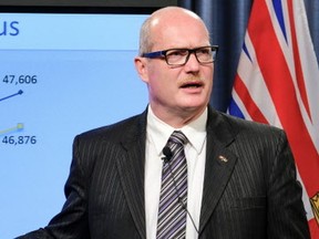 B.C. Finance Minister Mike de Jong speaks to media during the 2015-16 public accounts press conference at the legislature in Victoria on July 21, 2016.