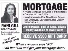 B.C.'s Financial Institution Commission issued a cease and desist order in January, 2016 against unlicensed mortgage broker Raminder Kaur Gill (also known as Rani Gill), pictured here in an advertisement printed in a February 2015 edition of Indo-Canadian Realty Voice. Gill's advertisements, including this one, were cited by the commission in its enforcement order.