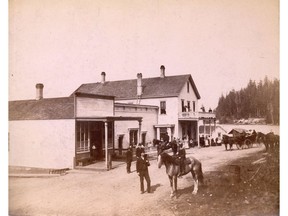 Brighton House hotel in Hastings Townsite, circa 1886. Photograph shows G.B. Corbould on the horse, and George Black to his left. Photograph donated to the Vancouver Archives in 1944 by Mr. and Mrs. William Blais. Vancouver Archives AM54-S4-: Dist P13.