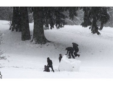 People play in the snow during an Environment Canada snow fall warning on Burnaby Mountain in Burnaby, BC., December 5, 2016.