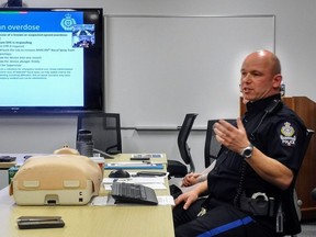 Const. Julien Ponsioen of the Metro Vancouver Transit Police, a former paramedic, trains fellow officers how to administer the overdose-reversing drug naloxone on Dec. 14.