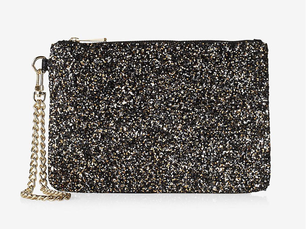 High shine Give the gift of glitter -- without venturing into garrish territory with this sparkle-covered mini bag. The attached gold chain adds a touch of functional glamour, while ensuring it won't get lost. EXPRESS | $29.90 [PNG Merlin Archive]