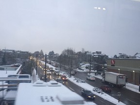 Traffic is slow-moving on slushy roads in Vancouver on December 9, 2016.