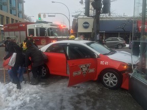 A cab driver and two pedestrians were taken to hospital after a car crashed into a building at 6th and 6th in New Westminster on Monday.