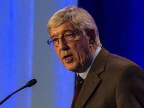 Former B.C. NDP premier Dan Miller, here speaking at 2014 memorial for former IWA union leader Jack Munro at the Vancouver Convention Centre, says the party and its leader, John Horgan, are adrift in their views on the Kinder Morgan pipeline.