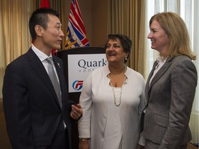 Jianyuan Sha (left), general manager of GuangFa HK investment (GF Securities), Karimah Es Sabar, CEO of Quark Venture Inc., and Nancy Harrison, CEO of Methylation Sciences Inc. at a news conference announcing a venture fund dedicated to investing in a diversified portfolio of innovative biotechnology and science companies in Canada and globally. For Chuck Chiang story. [PNG Merlin Archive]