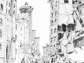 Michael Kluckner's graphic novel, '2050,' is set in a shattered future Vancouver, which has become a victim of over-population, climate change and a growing gap between haves and have-nots. SFU's Harbour Centre tower is not doing well 34 years hence, according to this   fragment from the book.