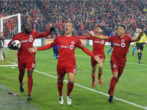 The BMO logo was on full display when Benoit Cheyrou and his TFC teammates celebrated a goal during the MLS Eastern Conference Final at BMO Field last week.