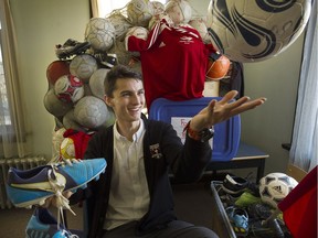 North Vancouver  B.C.  December 15, 2016 Changing people lives-- St. Thomas Aquinas student  Lucas Wagorn, 17, who 5 years ago started his own charitable company called Football For Brazil. He collected used soccer gear and sent it to Brazil after witnessing the poverty in the country during a youth soccer tourney he played in. Ever since he has sent gear to countries all over the world. in North Vancouver on   December 15, 2016    Mark van Manen/ PNG Staff  photographer   see Difference Maker- Series  Howard Tsumura  Province  News  / Features stories  and Web.  00046910A [PNG Merlin Archive]