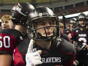 Terry Fox Ravens Devin Passaglia gestures after kicking the winning field goal against the Notre Dame Jugglers.