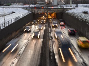 Morning traffic flows in and out of the George Massey Tunnel in Richmond.