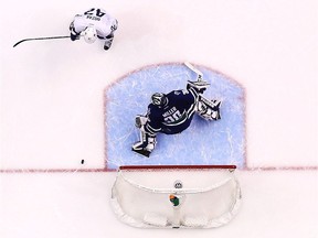 Toronto Maple Leafs' Tyler Bozak is stopped by Vancouver Canucks goaltender Ryan Miller on the final shot of the Canucks' 3-2 shootout win Saturday night at Rogers Arena.