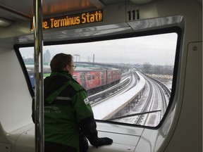 In this 2016 file photo, a TransLink attendant rides the trains to check for any snow build up on the tracks and potential problems.