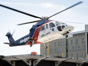 An S76 air ambulance lands at Vancouver General  Hospital's helipad.