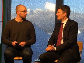 Postmedia reporter Matt Robinson, left, and Vancouver Mayor Gregor Robertson chat in a Facebook Live session at The Vancouver Sun and Province newsroom on December 15, 2016.