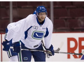Vancouver Canucks defenceman Alex Edler, back from injury, worked out Tuesday with his team ahead of Wednesday's NHL game against the visiting Los Angeles Kings.