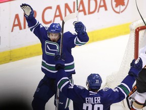 Vancouver Canucks' Jack Skille (9) celebrates his goal against the Anaheim Ducks during third period NHL hockey action in Vancouver on Friday, December 30, 2016.