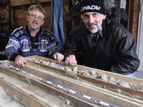 Two SFU researchers — Brent Ward, left, and Lionel Jackson — have obtained a wealth of geological history from drill cores obtained through the tunneling work on the Evergreen SkyTrain extension.