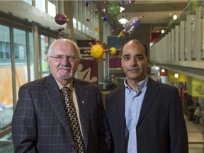 Dr. David Scheifele, left, outgoing director of the Vaccine Evaluation Centre, with his successor Dr. Manish Sadarangani at B.C. Children's Hospital.